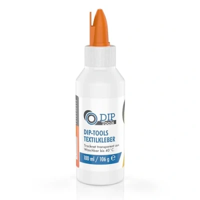 Immagine di DIP Tools Adesivo per tessuti, lavabile in lavatrice, poliestere, jeans, super adesivo, extra forte, trasparente e impermeabile, senza residui, inodore solventi (250 ml)
