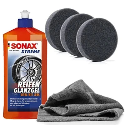 Immagine di Sonax Xtreme Gel lucido per pneumatici 0,5 l + 3 tamponi applicatore dettagliati panno in microfibra nutre e protegge gomma sull&#039;auto, una brillantezza duratura