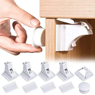 Immagine di Blocca Cassetti per Bambini Magnetici, Chiusure Sicurezza (4 Serrature + 1 Chiavi), Design Invisibile Bambino Magnetiche di Armadietto, Cassetto