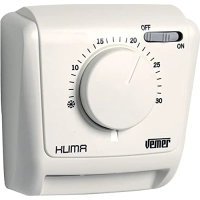 Immagine di VEMER VE022000 KLIMA IN Termostato Meccanico da parete a Membrana di Gas per Caldaia e Condizionatore, Funzione Inverno/Estate + Interruttore ON/OFF, Bianco
