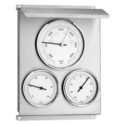 Immagine di TFA Dostmann Stazione meteorologica analogica per esterni, 20.2010.60, con barometro, igrometro e termometro, in acciaio inox, resistente alle intemperie, argento