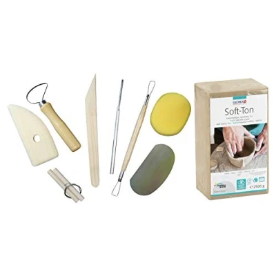 Immagine di Glorex 6 8075 301K set per creativi: argilla morbida da 2500 g in bianco, indurimento all&#039;aria o cottura e 8 pezzi con strumenti di modellazione resistenti, Clay, white