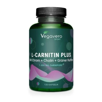 Immagine di L CARNITINA Complex 1000 mg di CarniPure® con Cromo, Vitamine B, Colina e Caffè Verde Integratore Pre Workout per Metabolismo Recupero Muscolare Vegan Senza Additivi Vegavero®
