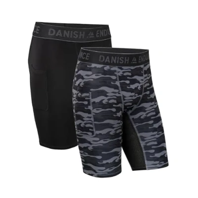 Immagine di DANISH ENDURANCE Pantaloncini a Compressione, Shorts, Traspiranti e Quick Dry, con Tasca, da Uomo, 2 Paia Multicolore (1x Nero, 1x Grigio Mimetico) Pack XXL