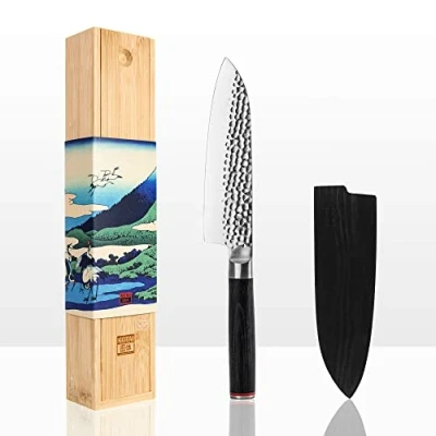 Immagine di KOTAI Coltello da chef Santoku professionale cucina Lama 18 cm Affilato a mano Acciaio inossidabile giapponese 440C Manico in legno di Pakka Codolo completamente nascosto