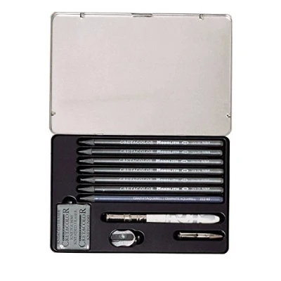 Immagine di CRETACOLOR Monolith Graphit Set, set di 11 pezzi con gomma e temperamatite, penne solo da miniera, custodia in metallo alta qualità, adatta per artisti hobbisti, miniera pura