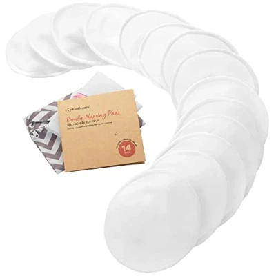 Immagine di Assorbilatte di Bambù Organico 14 Cuscinetti Lavabili + Borsa da Bagno Cuscinetto per Capezzolo Allattamento in Maternità (Soft White, L 12cm)