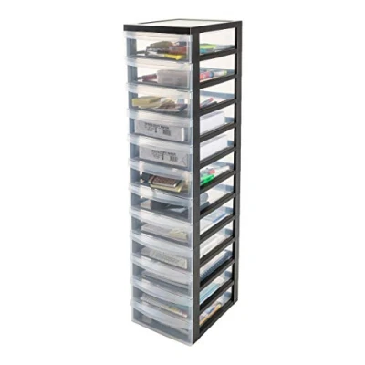 Immagine di Iris Ohyama Cassettiera in Plastica con ruote, 12 Cassetti Piccoli, Nero, Maniglie facili Da tirare, Organizzatore, Per Camera Letto, Bagno, Scuola e Ufficio, Senza BPA, Contenitore, DC 012