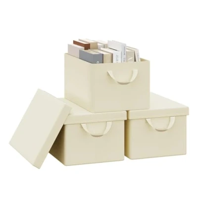 Immagine di WOLTU Scatola Portaoggetti Pieghevole, Set di 3 Ceste in Tessuto, Cubo con Coperchio e Maniglie, per Vestiti, Libri Giocattoli, Crema, 38x20x27 cm, ABB01cm