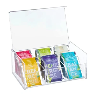 Immagine di Relaxdays Box Porta tè e Tisane, 6 Scomparti, con Coperchio, 9x22x14,5 cm, Organizer per Bustine, Acrilico, Trasparente, 1 pz