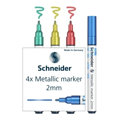 Immagine di Schneider Paint It Set di 4 pennarelli metallici (set 1, spessore tratto 2 mm, nuova tecnologia pigmento, forte effetto glitter) blu, verde, rosso, giallo
