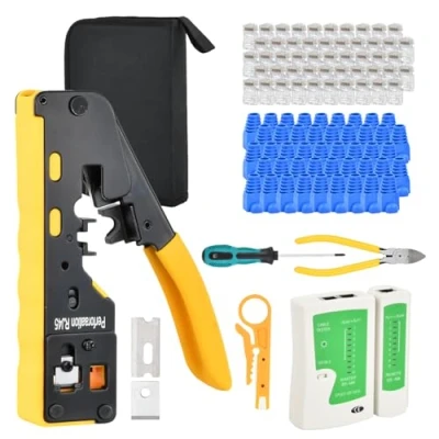 Immagine di Crimpatrice RJ45, Pinza RJ45 Pass Through Multifunzione Spelafili per Cavo Ethernet CAT7/CAT6A/CAT6/CAT5E/CAT5 con Tester Cavi di Rete Connettori Coperture, Strumenti Kit