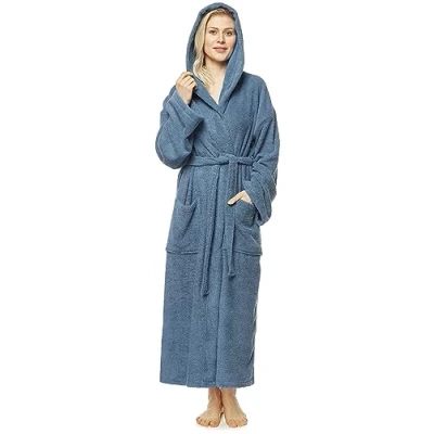 Immagine di Arus Accappatoio da donna con cappuccio, llunghezza alla caviglia, 100% cotone spugna, Taglia donna: S lunghe, unisex: XS Blu Grigio