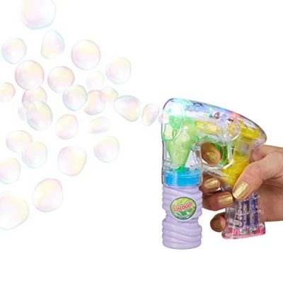 Immagine di Relaxdays Pistola a Bolle di Sapone, Batterie Incluse, Luci Led, Gioco Party, Carnevale, HLP 14,5x11,5x5 cm, Trasparente