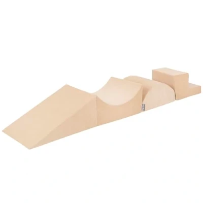 Immagine di KiddyMoon Area Di Gioco In Schiuma Velluto Percorso A Ostacoli Per Bambini, Elemento Cuneo/Rampa/Meta Rullo/Gradini, Beige Sabbia