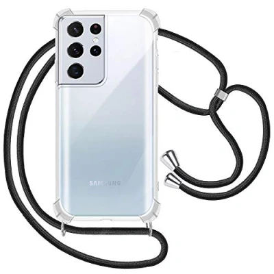 Immagine di XTCASE Cover con Cordino per Samsung Galaxy S21 Ultra 5G, Custodia Trasparente Collana Tracolla Laccio Collo Sottile Morbido TPU Silicone Antiurto AntiGraffio Case, Nero