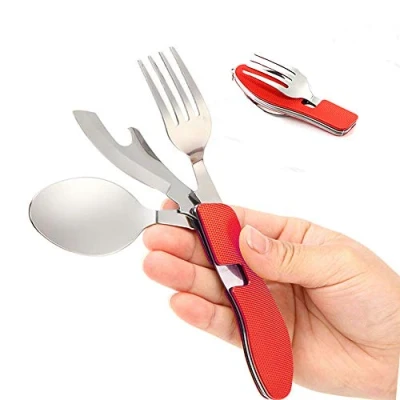 Immagine di Senven 4 In 1stoviglie Da Campeggio Acciaio Inossidabile Coltello, Forchetta, Cucchiaio, Apribottiglie Pieghevole Posate Portatile Multiuso Cottura Mangiare Camping Utensile,Rosso