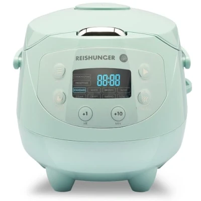 Immagine di Reishunger Mini Cuociriso Digitale Vaporiera Multifunzione Menta Fino a 3 Persone Con 8 Programmi, Tecnologia 7 Fasi, 0.6L, Display LED e Funzione di Mantenimento del Caldo