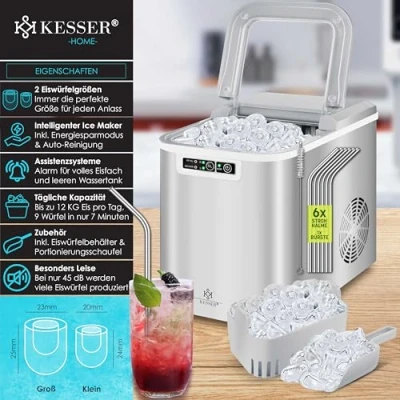 Immagine di KESSER® Macchina del Ghiaccio per Il in Acciaio Inox 12 kg 24 h Preparazione 7 min Serbatoio dell&#039;Acqua da 2,2 Litri Display a LED