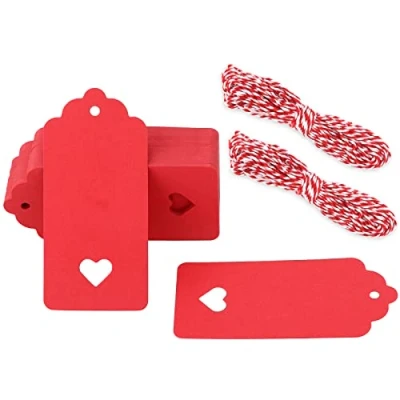 Immagine di G2PLUS 100PCS Etichette Regalo,Etichette in Carta Kraft,Etichette Kraft per Bottiglie 4x9CM Tag Regalo con Spago Matrimoni Compleanni e Natale (Rosso)