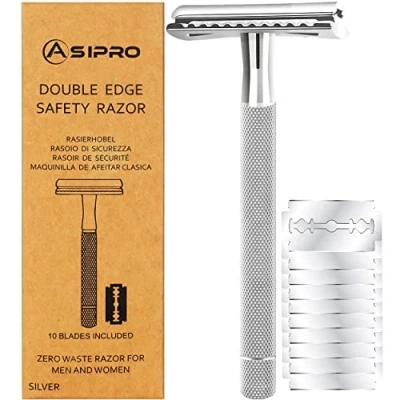 Immagine di ASIPRO Rasoio di Sicurezza Uomo e Donna con 10 Lamette Manico Lungo Senza Plastica Acciaio Barba Manuale Safety Razor Monolama Metallo Classico Doppia Lama