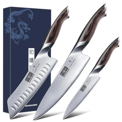 Immagine di HOSHANHO Set di Coltelli da Cucina, con Acciaio Inossidabile, Coltello Chef 20 cm Affilati Santoku 18cm Multiuso 15cm