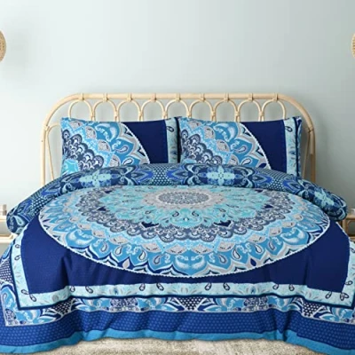 Immagine di Sleepdown Set con copripiumino e federe, reversibile, morbido, facile da pulire, colore: blu, motivo cachemire a mandala geometrico, king size, 220 x 230 cm
