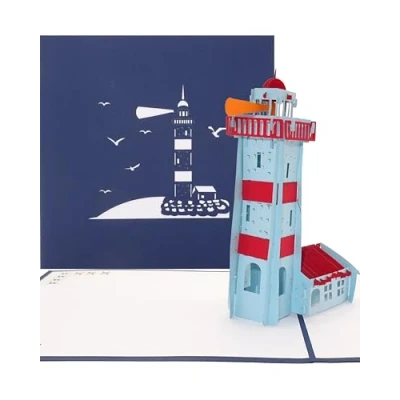 Immagine di biglietto pop up con faro 3D di compleanno marittimo, invito, buoni, souvenir e auguri del Mar Baltico Mare Nord