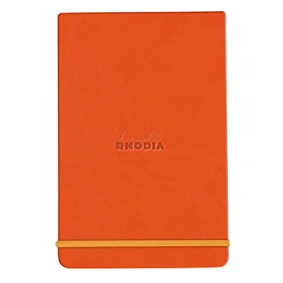 Immagine di RHODIA 194368C Taccuino Rigido Webnotepad Mandarino A6, a righe, 192 pagine Staccabili, Carta Clairefontaine Avorio 90 g segnapagina, Chiusura con elastico copertina in simil cuoio Rhodiarama