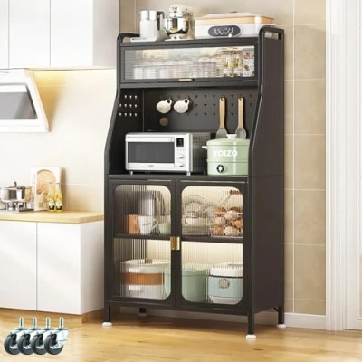 Immagine di YOIZO Scaffale Cucina da Nero 36x76x162cm, con Porte e Ripiani, Scaffali Panettiere in Metallo Salvaspazio a 5 Livelli, 4 Piedini Regolabili Ruote Girevoli (Nero, 76cm)