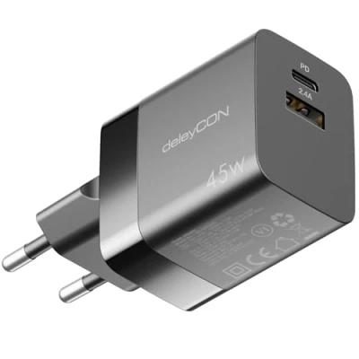 Immagine di deleyCON Caricabatterie USB A e C (2 Porte Caricatore Rapido Compatto 45W) Alimentatore per iPhone 16/15/14/13 Galaxy S24/S23 Cellulari Pixel iPad Tablet Laptop Notebook Nero