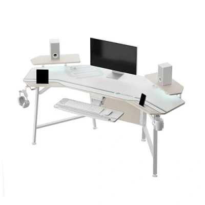 Immagine di EUREKA ERGONOMIC Scrivania Gaming LED 182x76 cm Grande Computer PC a Forma di Ala Ufficio per Giocatore con Vassoio Tastiera, RGB Mensola Monitor