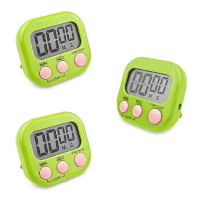 Immagine di Fousenuk 3 Pezzi Timer da Cucina Digitale Verde, Cronometro Conto Alla Rovescia con Supporto Magnetico Buco, Allarme Forte Grande Display LCD per Cottura al Forno Studio Allenamento Fisico