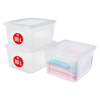Immagine di Iris Ohyama Scatole Portaoggetti, 18L, Set di 3, Trasparente, Chiusura facile, Impilabile, Plastica Per Armadio, Scaffali, Scuola, Organizzazione, Giocattoli, Cartoleria , Scarpe, MCB 18