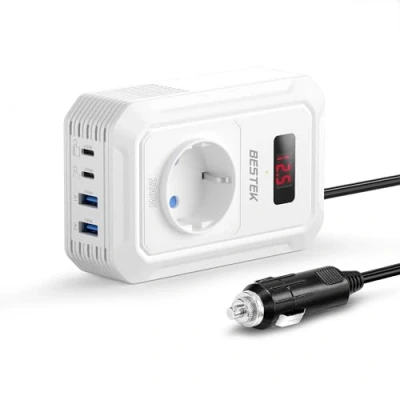 Immagine di BESTEK 200W Inverter 12v 220v 230V 240V Onda Pura,Inverter Auto con Prese AC 2 USB C (65 W e 30 W) QC (18 W),Convertitore Potenza per Camper/Barca a Sinusoidale Modificata（Bianco）