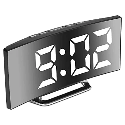 Immagine di Derkiewn Sveglia digitale, grande schermo a specchio LED da 7&#039;&#039;, 2 luminosità, 12/24 ore, temperatura, data, Snooze, Alimentazione USB, funzione di memoria (bianca)