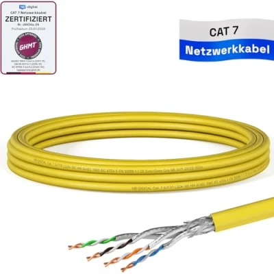 Immagine di HB DIGITAL cavo di rete CAT.7, 5 m, LAN, AWG 23, in puro rame S/FTP PiMF LSZH, senza alogeni, RoHS Compliant Ethernet, installazione PoE 10 Gbit/s, certificato GHMT giallo