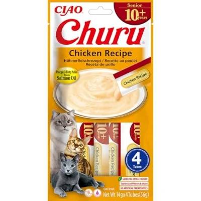 Immagine di INABA Churu Senior Snack per Gatti Anziani con Pollo 1 Pack (4 Stick x 14gr) Cibo Sopra i 10 Anni, Omega 3, Taurina e Vitamina C &amp; E, Gatto Funzionale