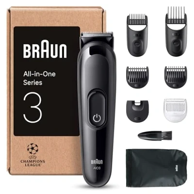 Immagine di Braun Rifinitore All In One Series 3, Rasoio Elettrico Barba E Capelli 8In1, Con Lama Ultra Affilata, 14 Lunghezze, 50 Minuti di Autonomia, Styling Facile Veloce Per Viso Capelli, AIO3545 Nero