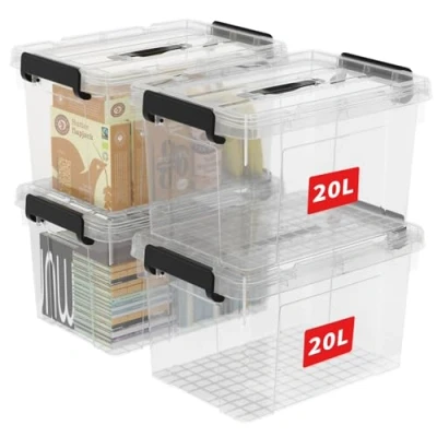 Immagine di Cetomo 20L*4 Scatola portaoggetti in plastica, Tote box,Contenitore organizzativo con coperchio resistente e fibbie a chiusura sicura, Impilabile inseribile, Confezione da 4, trasparente