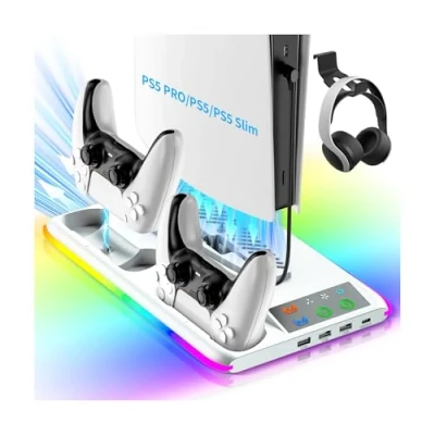 Immagine di Supporto PS5/Slim/Pro con Ventola Raffreddamento a 3 Livelli, Stazione Ricarica Doppia per Controller RGB, USB e 1 Type C, Porta Cuffie Base PS5 Console Disc/Digital