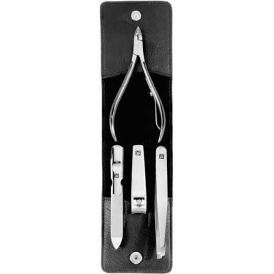 Immagine di Zwilling Set Manicure, 4 Pezzi, Custodia a Pulsante, in Vera Pelle, Design ergonomico, con tronchesini, Acciaio Inox Lucido, Nero