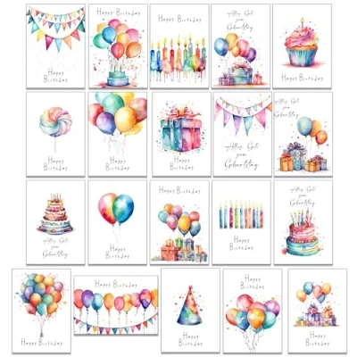 Immagine di the lazy panda card company Set di 20 biglietti compleanno dipinti in colori ad acqua vivaci nessun disegno due volte viene fornito con buste carta riciclata