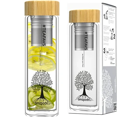 Immagine di amapodo Bottiglia da tè con colino per il in vetro 400 ml Teiera a doppia parete Accessori (Bambus (Tea Tree Design))