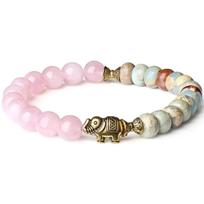 Immagine di COAI Bracciale da Donna in Quarzo Rosa e Variscite con Elefante, Yoga Bilanciamento Reiki
