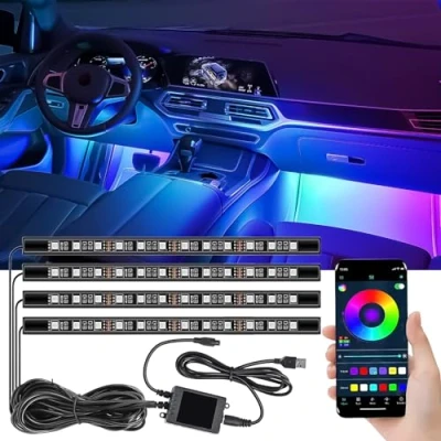 Immagine di Led Auto Interni con 4 Pezzi 48 LEDs, RGB Luci Interne, Porta USB da 5 V, Controllata APP, Funzione a Ritmo di Musica, Illuminazione Interna per Auto, Gadget la Decorazione dell&#039;Auto