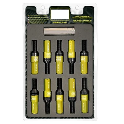 Immagine di Omp Speed Set di viti Performance con protezione in alluminio M12X1.5 Hex 17 19, L 28 mm, colore giallo 7075+DIN 12.9, 20+1 per scatola