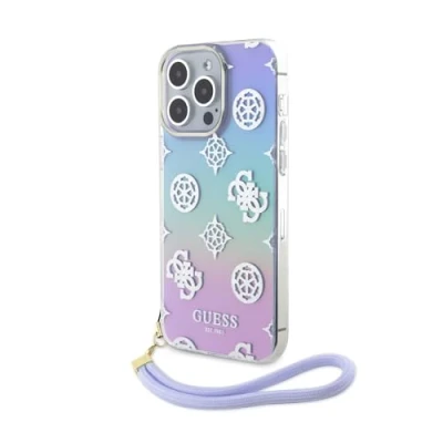 Immagine di CG MOBILE Guess custodia per iPhone 15 Pro Max in IML iridescente con cordino viola, antigraffio, comoda e resistente, rigida porte accessibili, assorbimento degli urti