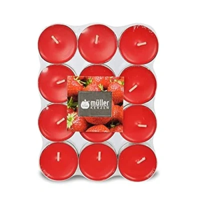 Immagine di Müller Tealights Candele Profumate Fragranza Fragola 39 x 15 mm Durata 4 Ore Lumini di Cera Colore Rosso Set 24 Candeline