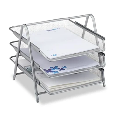 Immagine di Relaxdays vassoio portadocumenti in metallo, porta lettere a 3 scomparti, da scrivania con design rete per documenti A4, argento, 35,5 x 29,5 27 cm